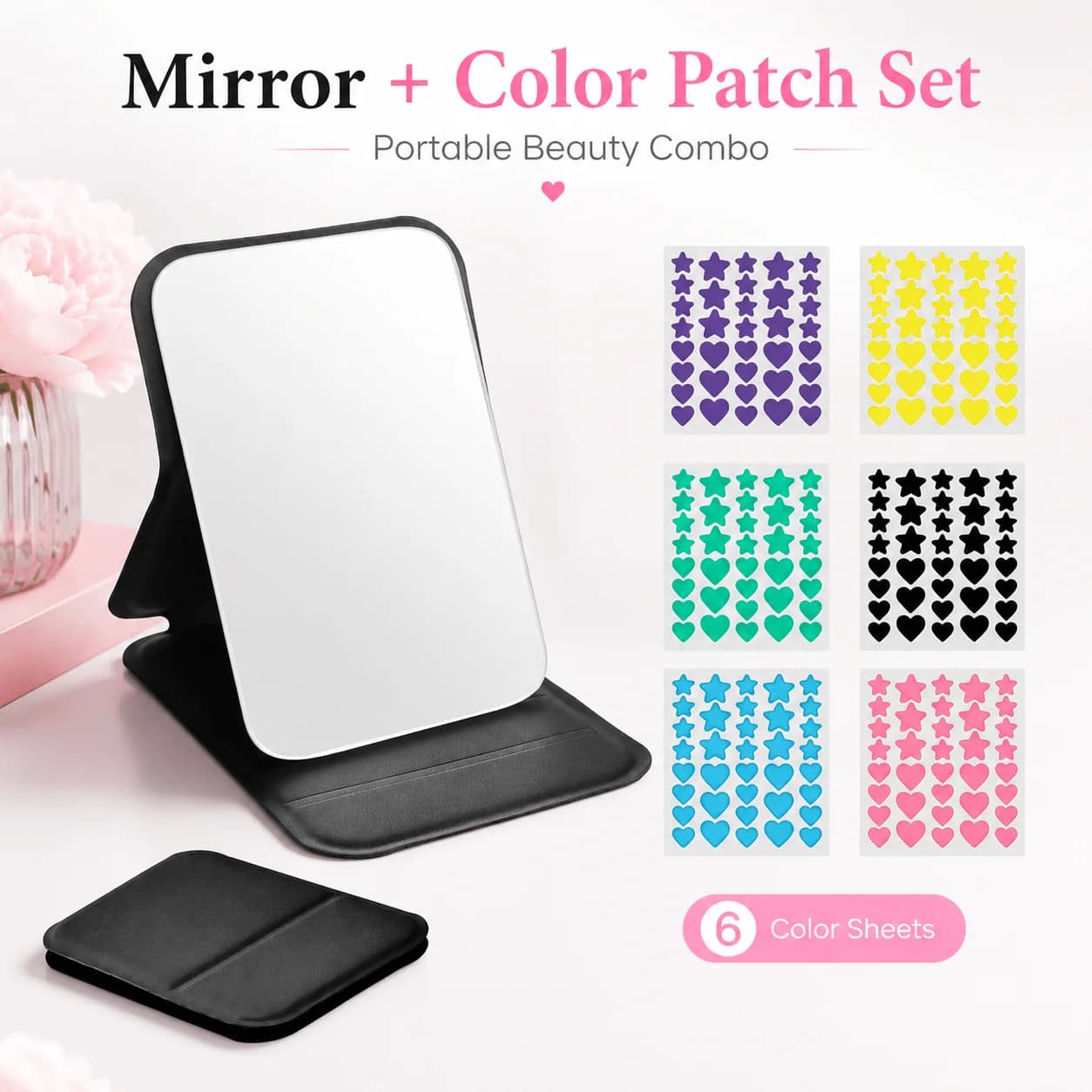 Foldable Tabletop Mirror with 6-Color Star & Heart Pimple Patch Sheets, Portable Beauty Set for Travel & Daily Use.