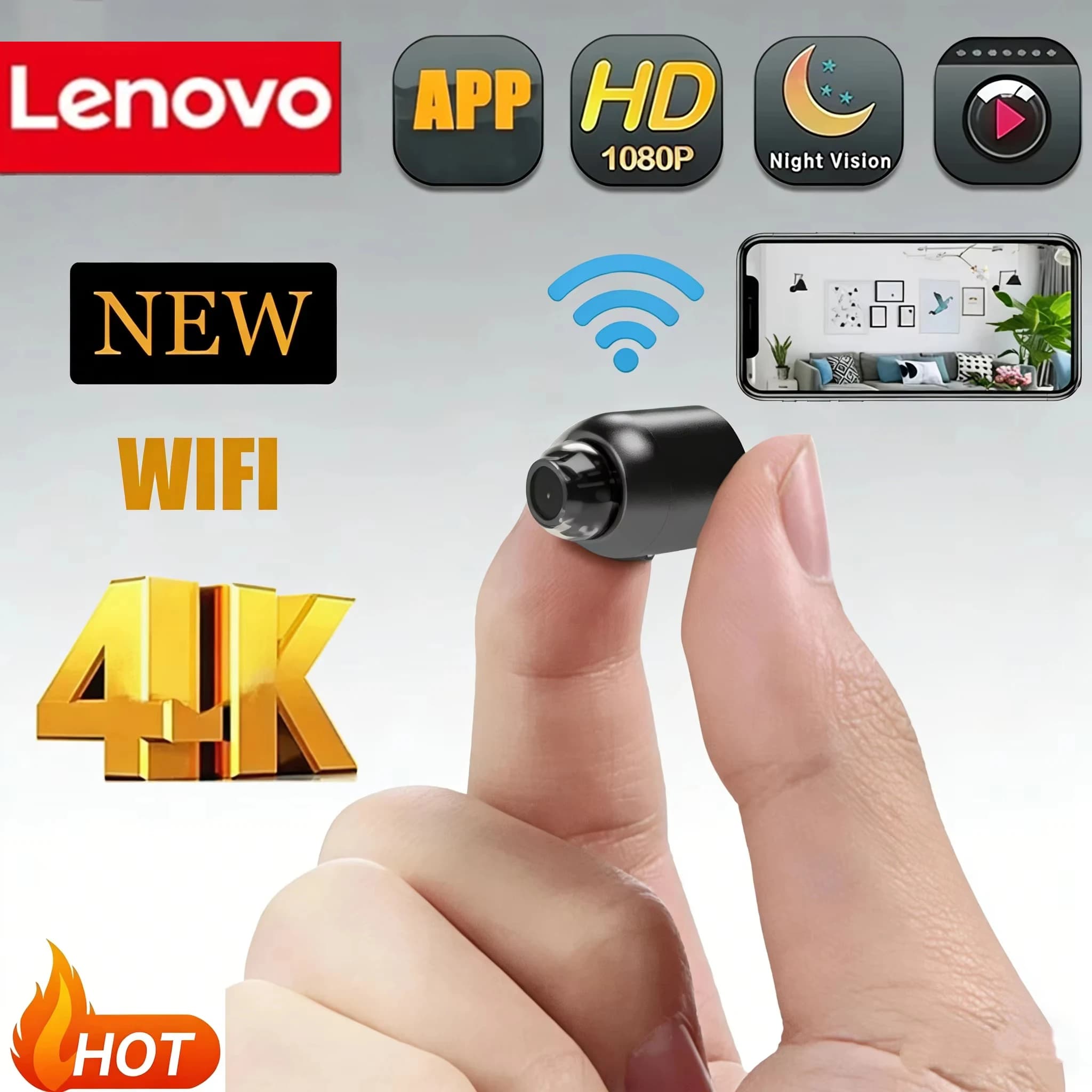 Lenovo Wireless Camera 4K Surveillance Security Video Cam Night Vision Motion Detect Camcorder Mini Cam Monitor Smart Home