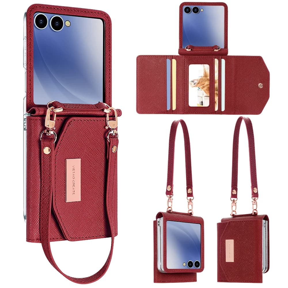 VIETAO Dark Red PU Leather Wallet Phone Case with Wrist Strap for Galaxy Z Flip 8/7/6/5/4/3 Women's Fashionable Phone Cover Case
