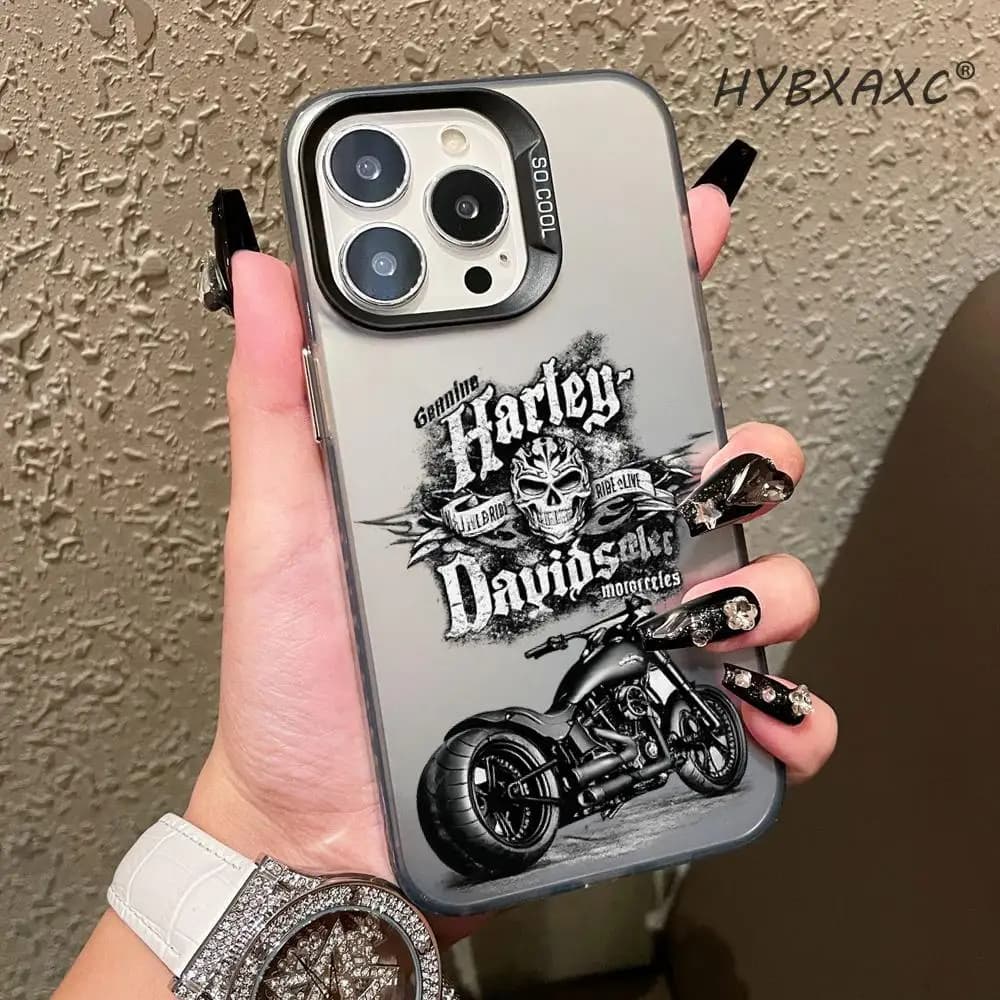 HYBXAXC Gothic H-harley Skull Motorcycle Design Phone Case Fashion Color Silver Case For IPhone Light weight Anti Scratch