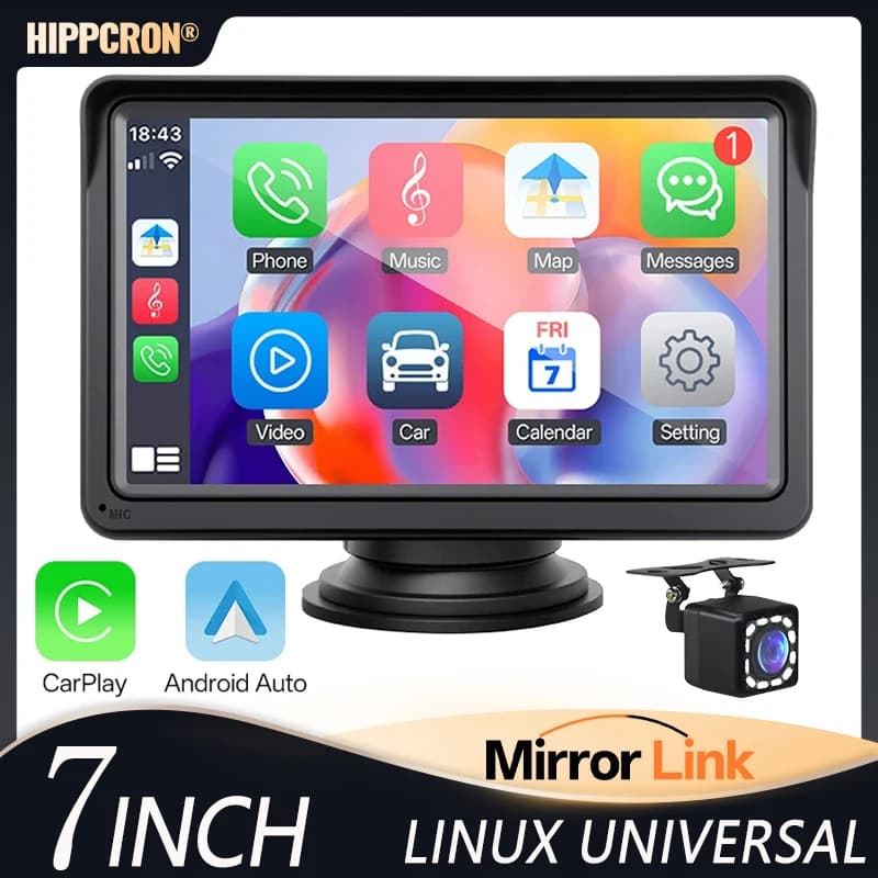 Hippcron 7inch Car Monitor Radio Multimedia Bluetooth Video Portable Player Wireless CarPlay Android Auto HD Touch Screen