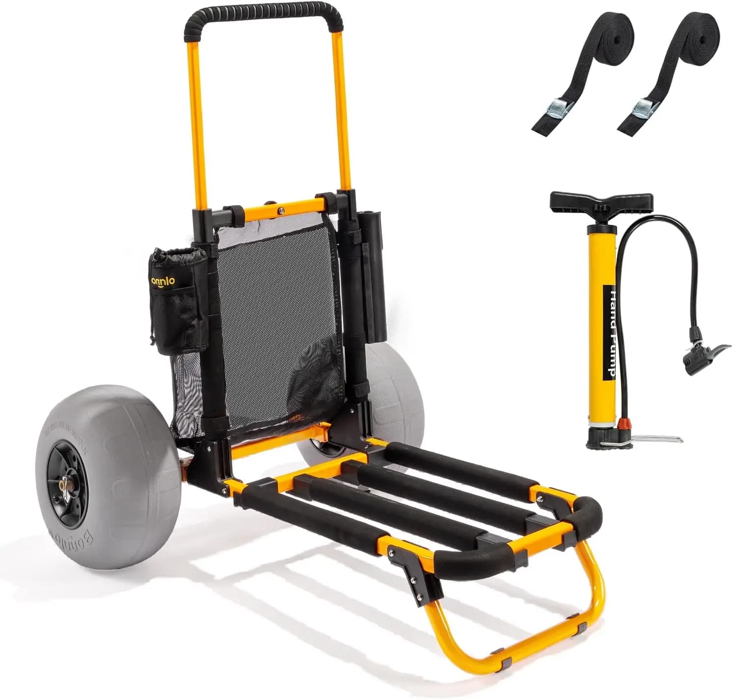 Bonnlo Beach Fishing Cart, Beach Wagon Trolley with 12" Big Balloon Wheels, Foldable, Orange, Aluminum Frame & Handle, 23" x 15" Cargo Deck, Fishing Rods & Water Bottle Holders, Mesh Bag, Hand Pump