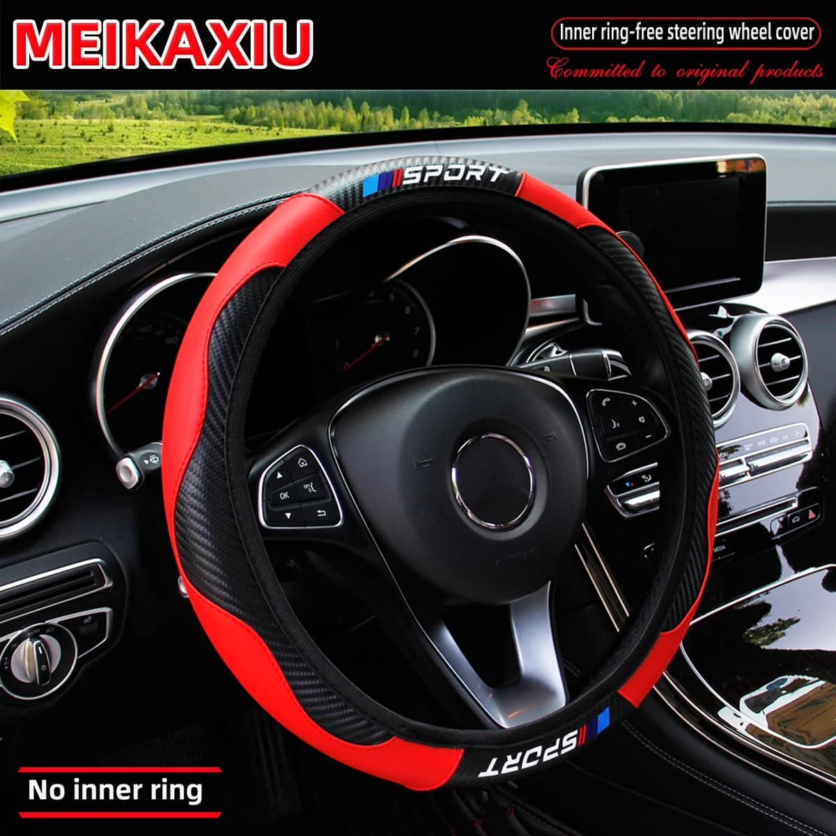 Carbon Fiber Leather Sport Steering Wheel Cover Rimless Universal Fit for 14.5-15 Inch Car Steering Wheels Decorative Accessory