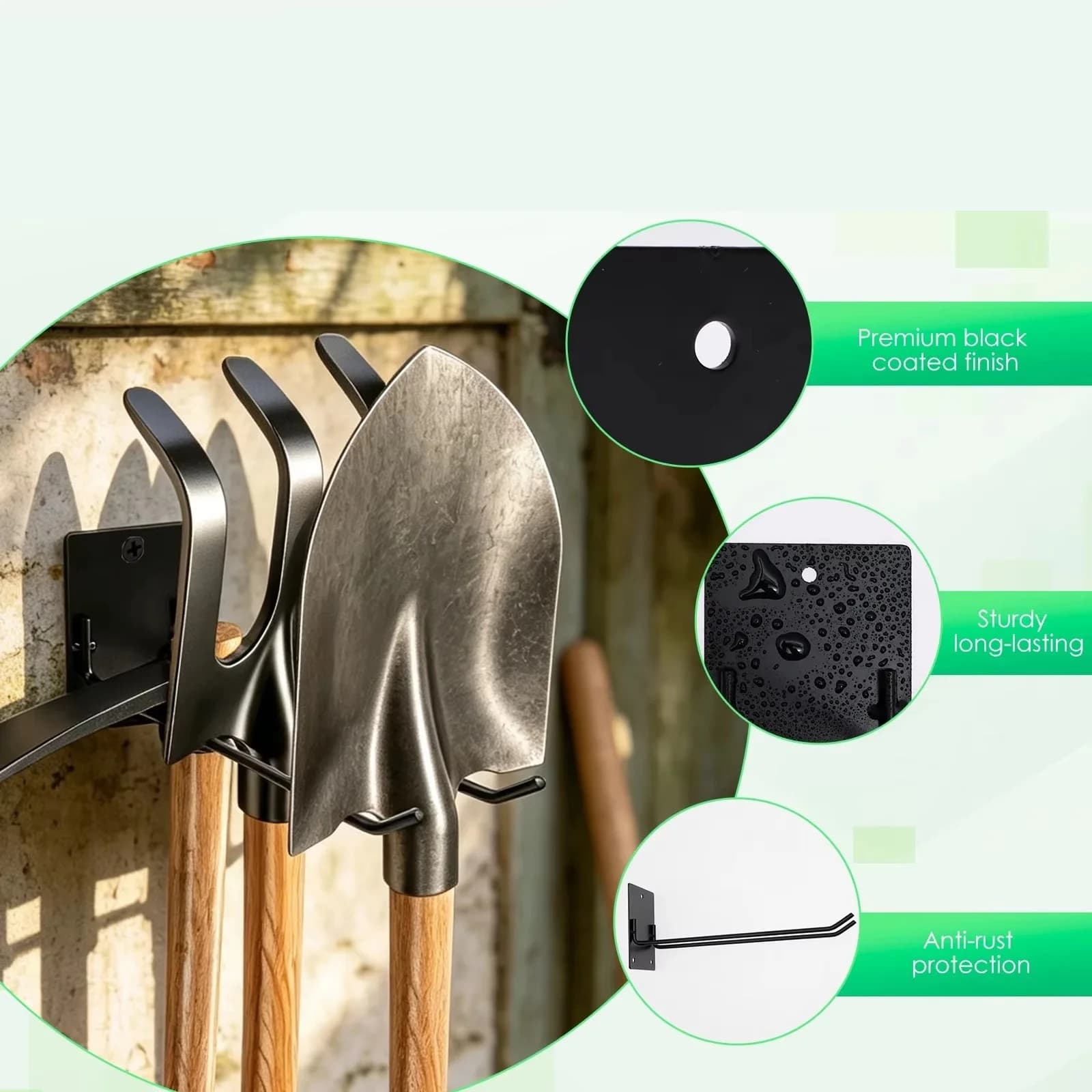 Garden Tool Organizer Wall Mounted Heavy Duty Garage Storage Rack Shovel Rake Holder Space Saving Rustproof Black Iron Hanger