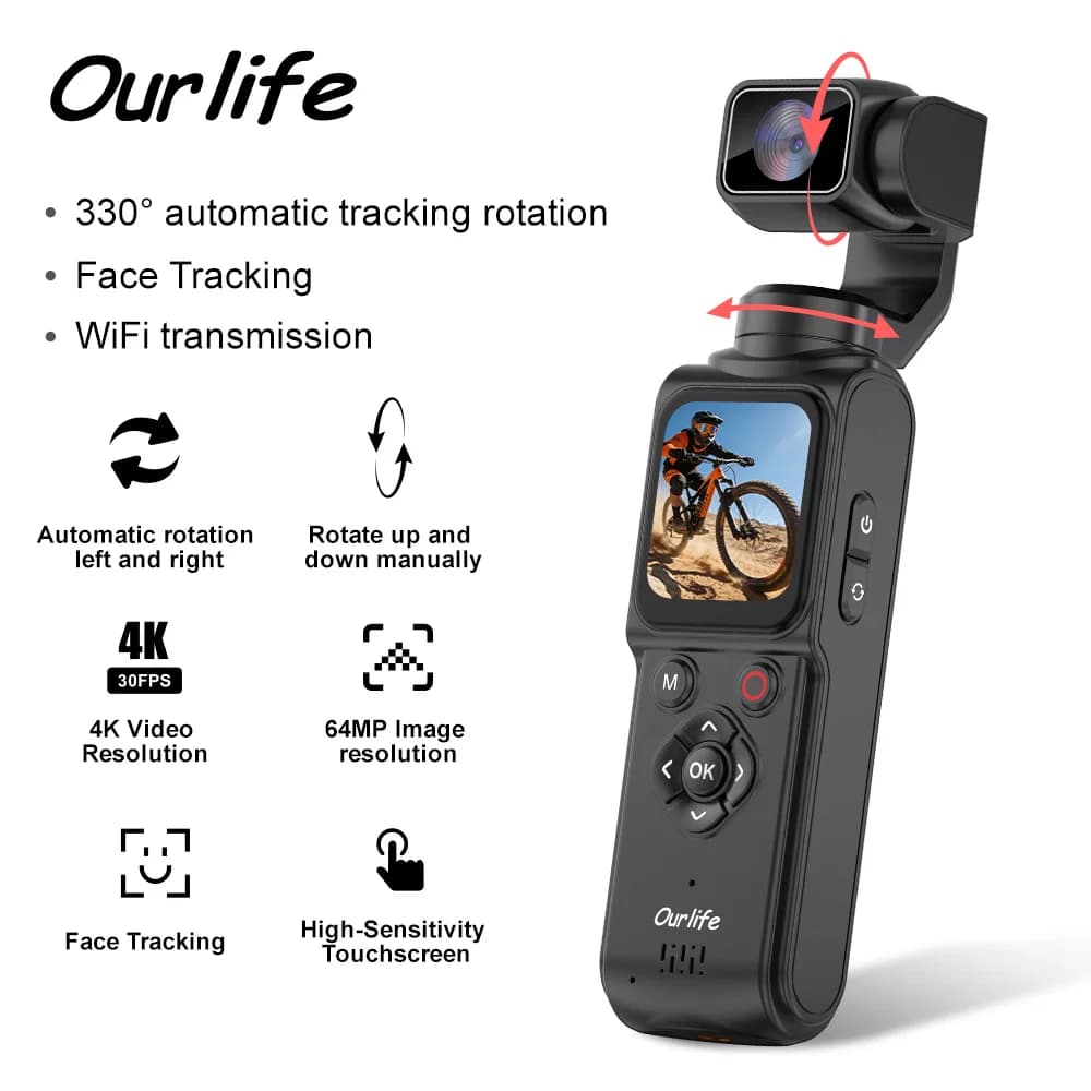 Ourlife 4K Action Camera 330° Face Tracking Gimbal Stabilizer 1.72 Inch Touch Screen 64MP Pocket Digital Camera WiFi Sports Cam