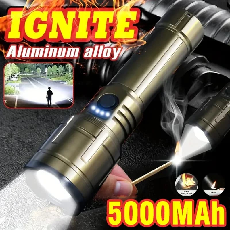 Bright Zoomable Flashlight w/ Ignition Lens, Power Bank Rechargeable 5-Mode Camping Torch for Outdoor,Emergency,New Year’s Gift