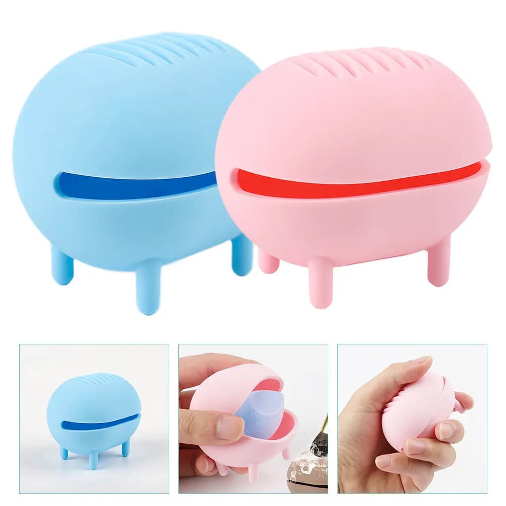 2Pcs Cute Sponge Box Makeup Puff Storage Organizer with Cleaning Pad Air Circulation Design for Cotton Pads Brushes