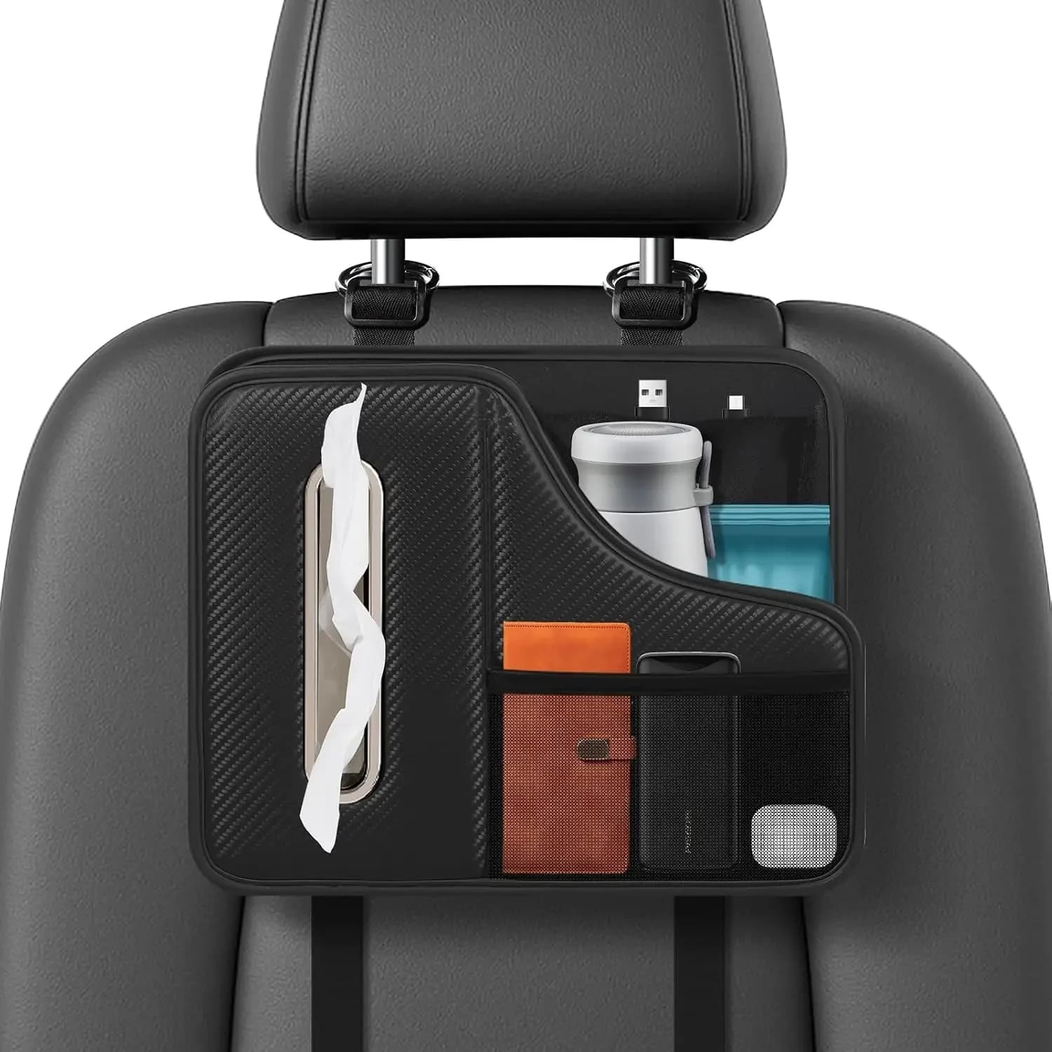 Car Tissue Holder,Back Seat Organizer with Cup Holder,Multifunctional Car Headrest Seat Back Storage,Snack Organizers for Kids,Large Tissue Box Cover Fit for 100-130 Regular Size Tissues