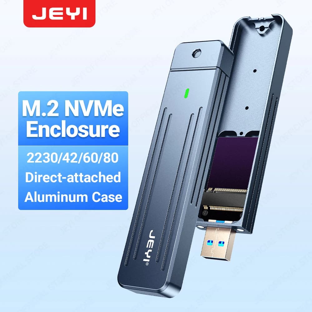 JEYI Direct-attach M.2 NVMe Enclosure, USB-A Plug USB 3.2 10Gbps In-line Aluminum 2242 2280 SSD Case With Magnet Protective Case