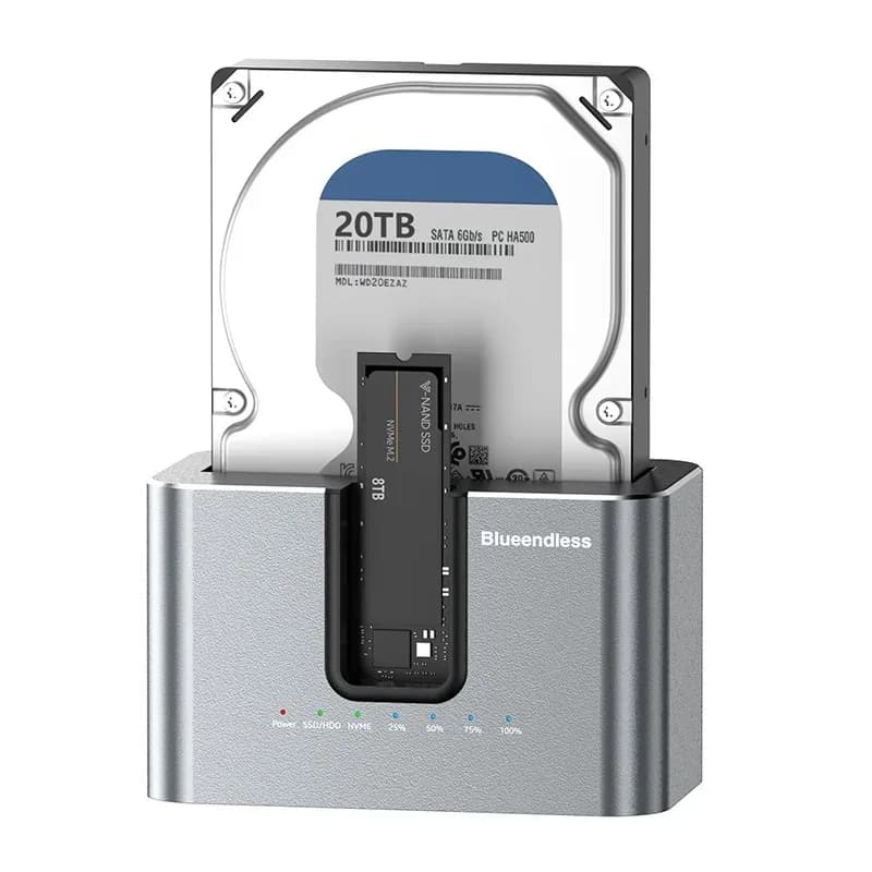 Dual-bay Solid-state Drive Enclosure,M.2 NVMe SSD Docking Station with 2.5/3.5-inch SATA Reader, Offline Copying,10Gbps