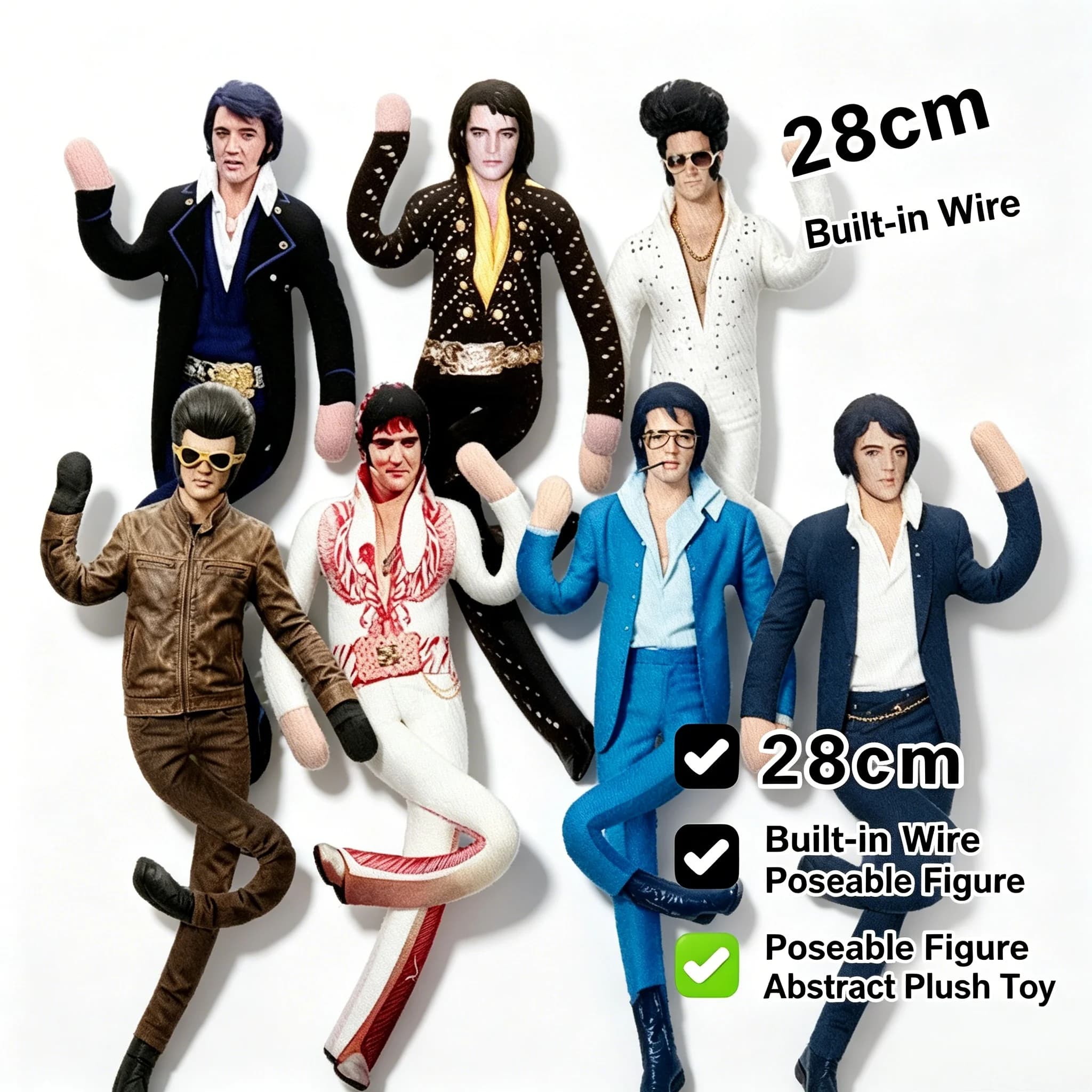 Elvis Plush Doll Built-in Wire Skeleton Poseable Action Figure Bendable Meme Weird Toy 28cm Stuffed Collectible Decor Gift
