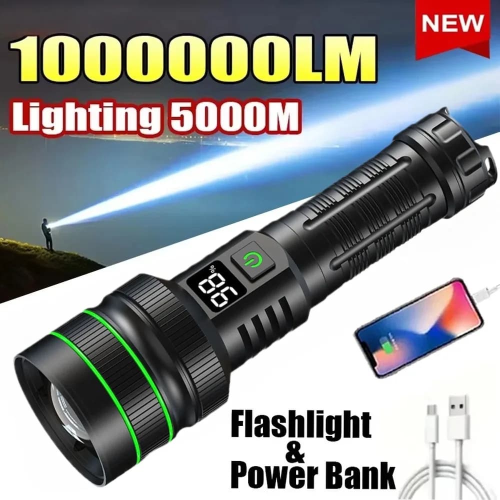 Powerful LED Flashlight Zoomable Type-C Rechargeable Waterproof 5 Modes Torch For Outdoor Camping Hiking Emergency Patrol