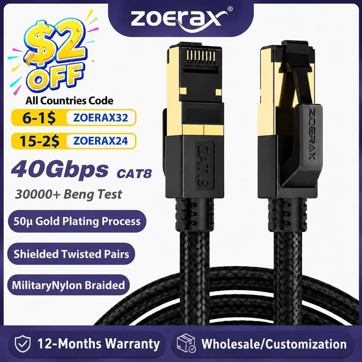 ZoeRax Cat8 Ethernet Cable 0.3-30M 40Gbps 2000MHz RJ45 CAT8 Network Nylon Braided Internet Lan Cord for Laptop PS 5/4 Router