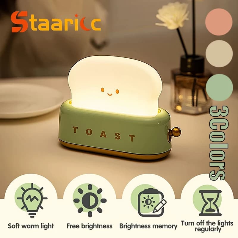 Rechargeable Cute Toaster Night Light - Toast Shape Bedside Lamp with Smile Face,Dimmable Desk Decor,Bedroom,Living Room,Gift