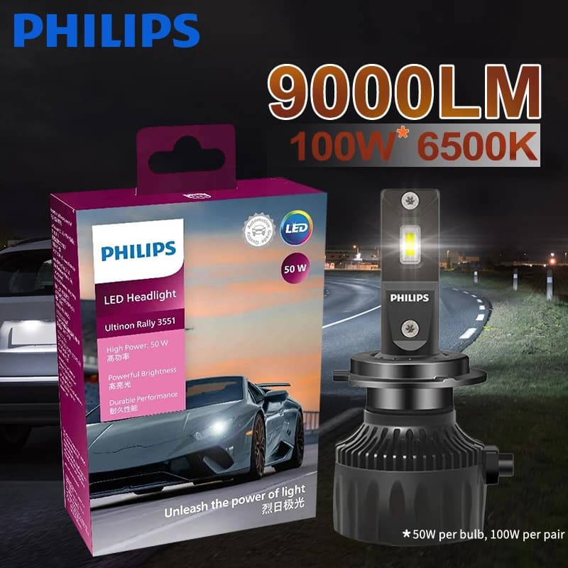 Philips Ultinon Rally 3551 LED H4 H7 H11 HB3/4 9006 9005 HIR2 Car Headlight 6500K White Max Power 50W Max Lumen 4500lm LED Bulb