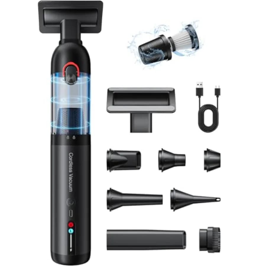 Cordless Car Vacuum for Car/Home/Office Use, ABS Plastic, Black, 21KPa Suction with Pre-filter HEPA Filter, 7800mAh Battery, In