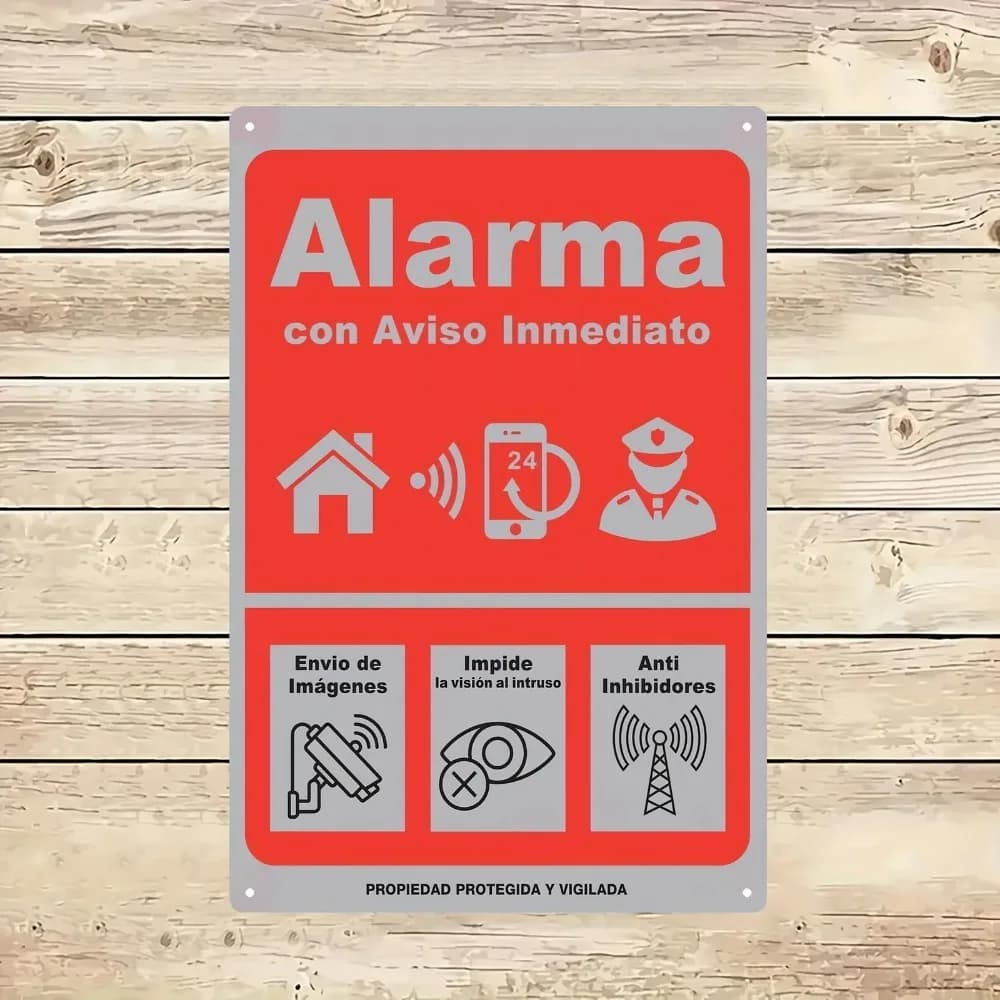 Aluminum metal sign wall decor, red grey 24h alarm police mobile spanish graphic rusted plaque for villa yard outdoor decor