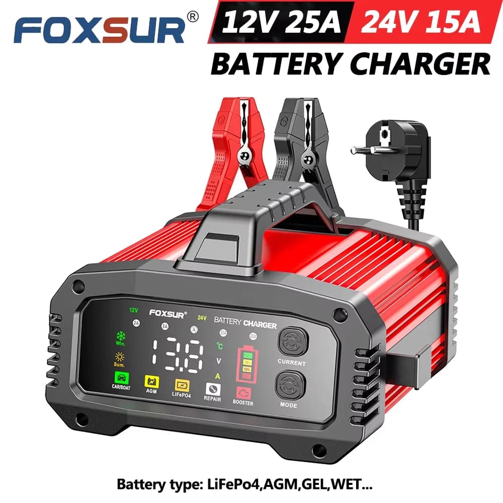 12V 24V FOXSUR FPT-250 Car Battery Charger For Car Motorcycle Truck High-Power Booster Pulse Repair for Lead-Acid AGM LiFePo4