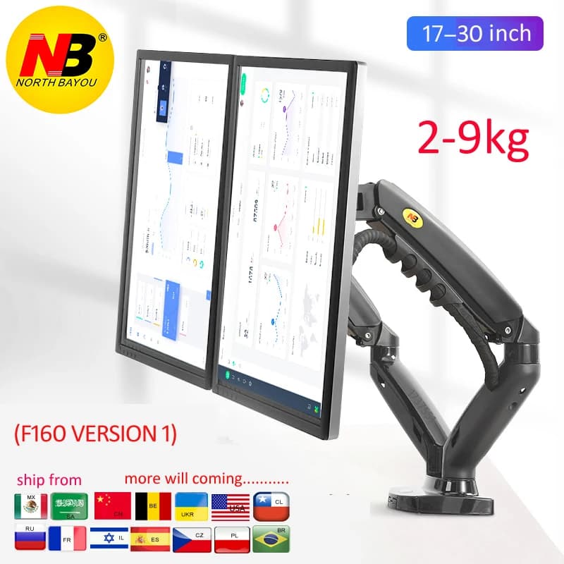 NB NEW F160 Gas Spring 17'-27'30' Dual Monitor Holder Arm Desktop 360 Rotate Computer Holder 2-9KG Monitor Bracket USB3.0 Port