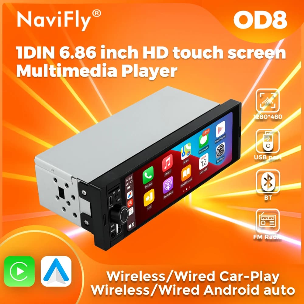 NaviFly OD8 6.86" 1280*480 1 Din MP5 Player Car Radio Wireless Carplay Android Auto Multimedia Player 1Din FM Auto Radio Stereo