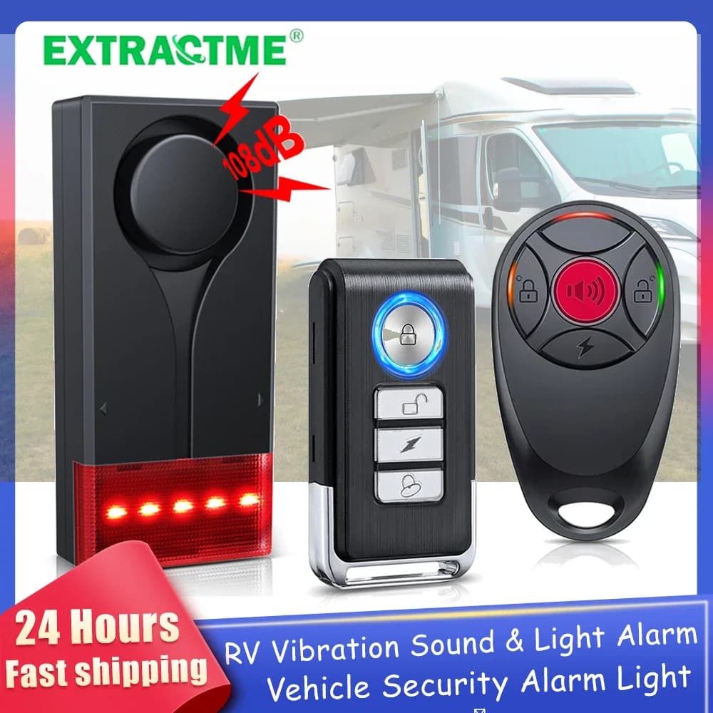 Extractme RV Alarm 108dB Car Vibration Sound & Light Alarm System With Wireless Remote Control Vehicle Security Anti-Thef Alarm