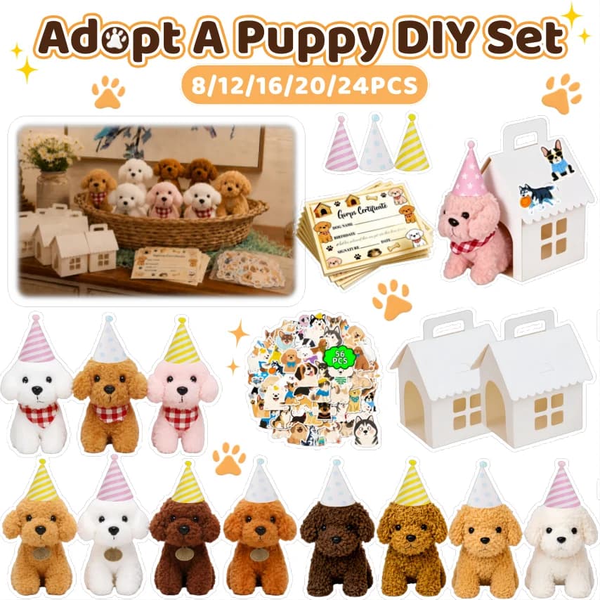 8-24Set Teddy Dogs DIY Adopt A Puppy Party Favors Mini Plush Puppy Stuffed Dogs with House and Stickers for Birthday Party Gifts