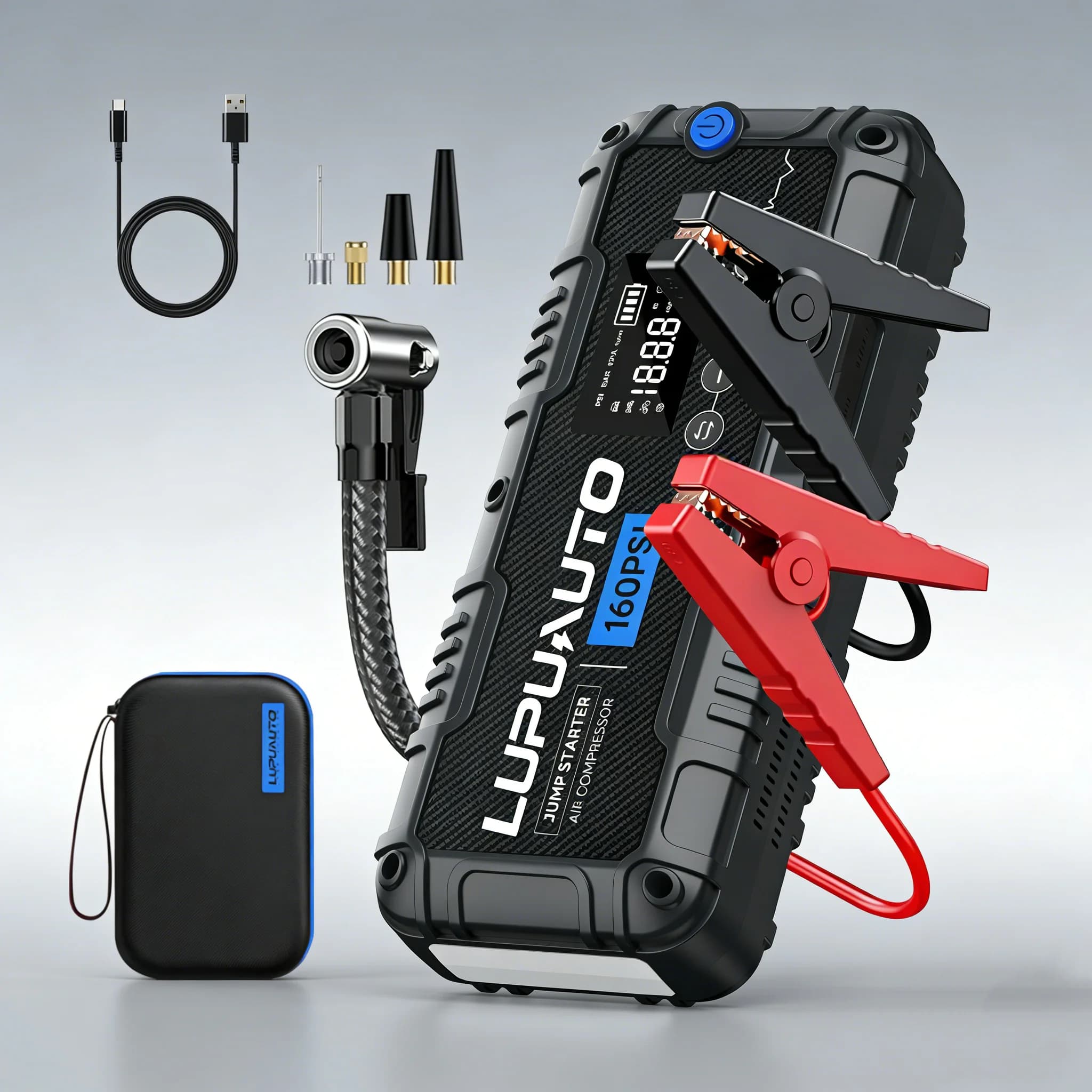 4 In 1 Car Jump Starter with LED Lighting 4000A Portable Car Battery Charger Power Bank Tire Inflator Pump 160PSI Air Compressor