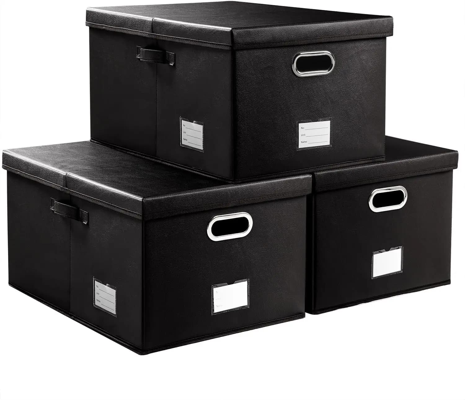 3-Pack Collapsible Storage Box with Lid, Leather Fabric Foldable Bins for Home Closet Office, Black 22.8x15.7x11.8