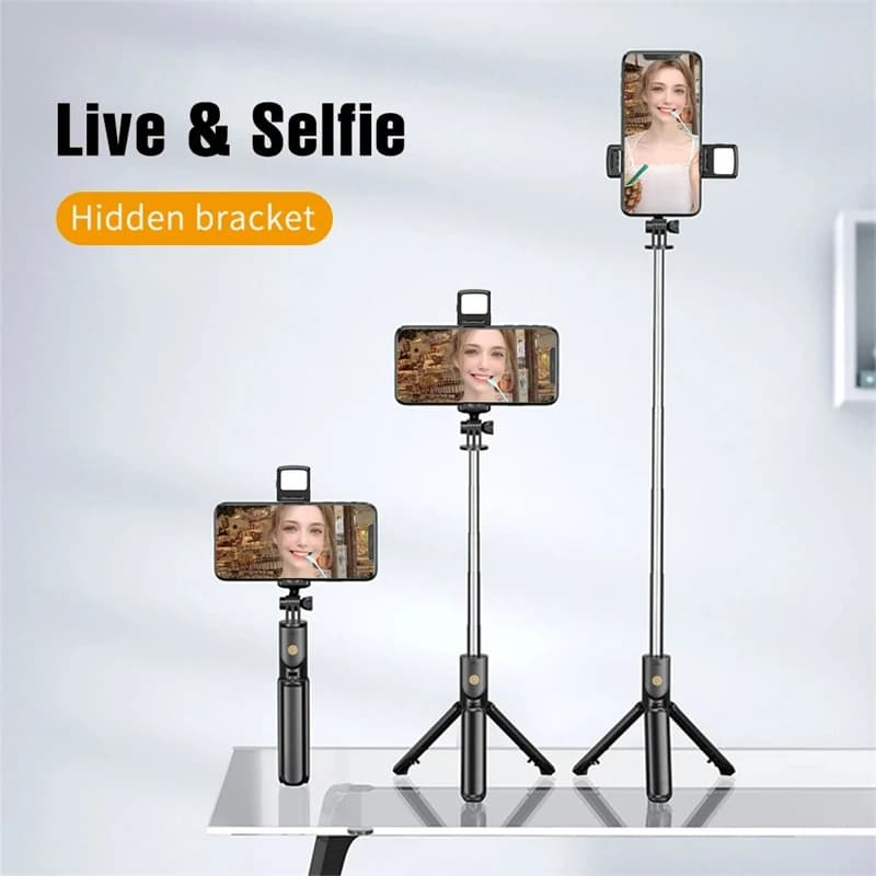 Bluetooth Selfie Stick Tripod with Fill Light 680mm Extendable Phone Stand 360° Rotation Live Broadcast Monopod for Smartphone