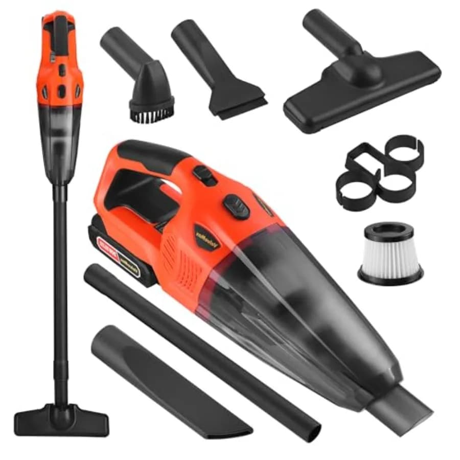 Cordless handheld vacuum for car, home, pet hair cleaning: 20V rechargeable battery, black plastic, portable with large dustbin