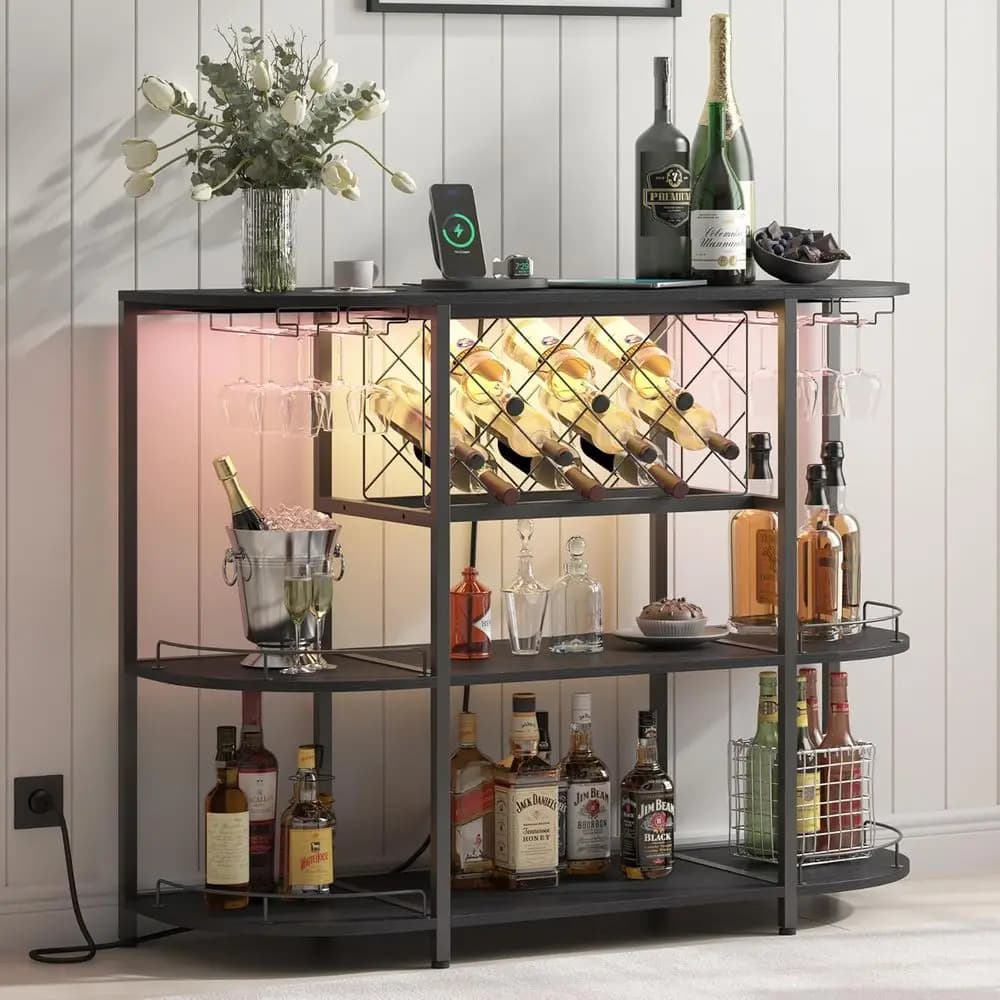 Black 3-Tier Coffee Table with Wine Rack, Power Socket, and LED Light for Home Bar and Kitchen Storage
