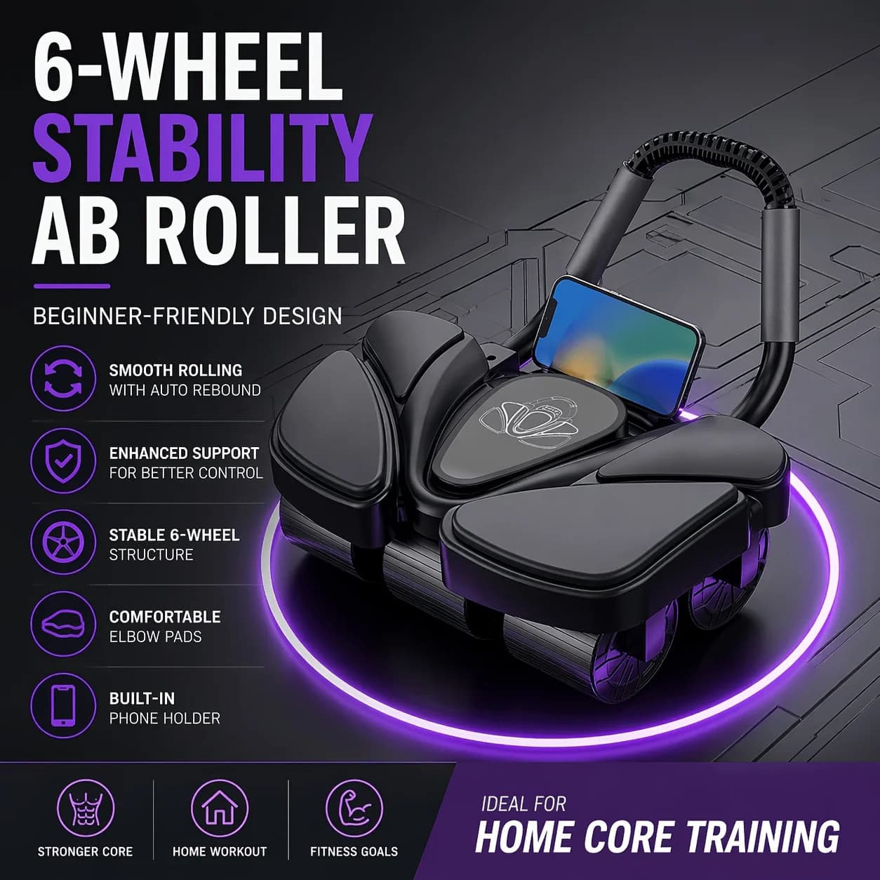 2026 6-Wheel Ab Roller with Elbow Support, Auto Rebound, Phone Holder, Knee Pad, Core Workout for Home Gym