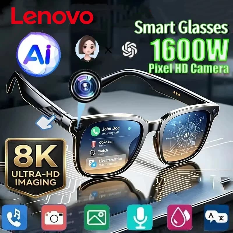Lenovo AI Smart Glasses 8K Remote Control Touch Photo Camera Recording Voice Assistant Translator Wireless Bluetooth Sunglasses