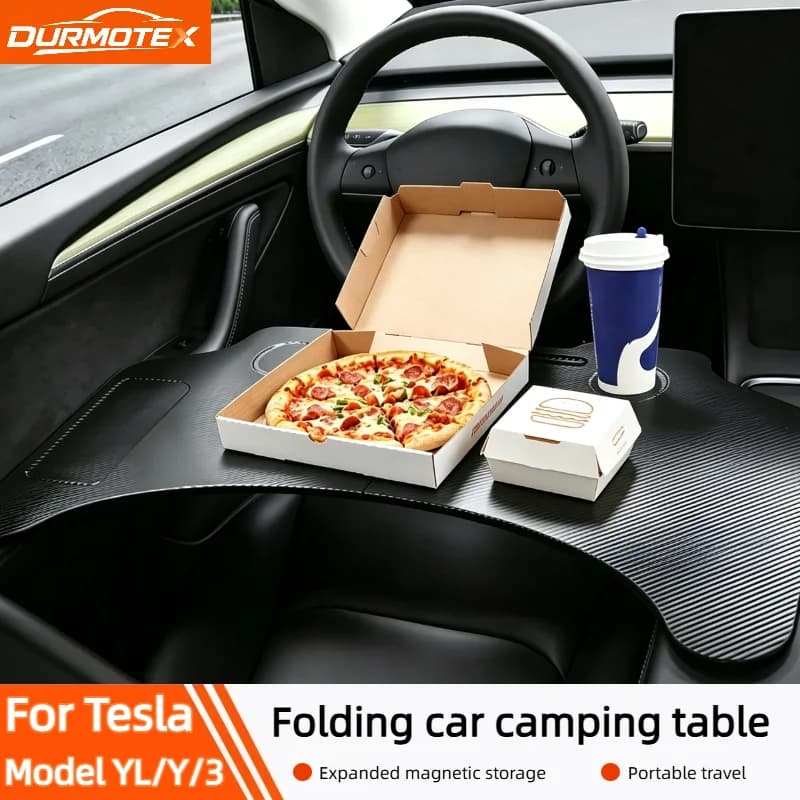 For Tesla Model 3/Y/YL 2017-2026 Carbon Fiber Steering Wheel Tray – Foldable Car Desk Portable Laptop Stand Office Table
