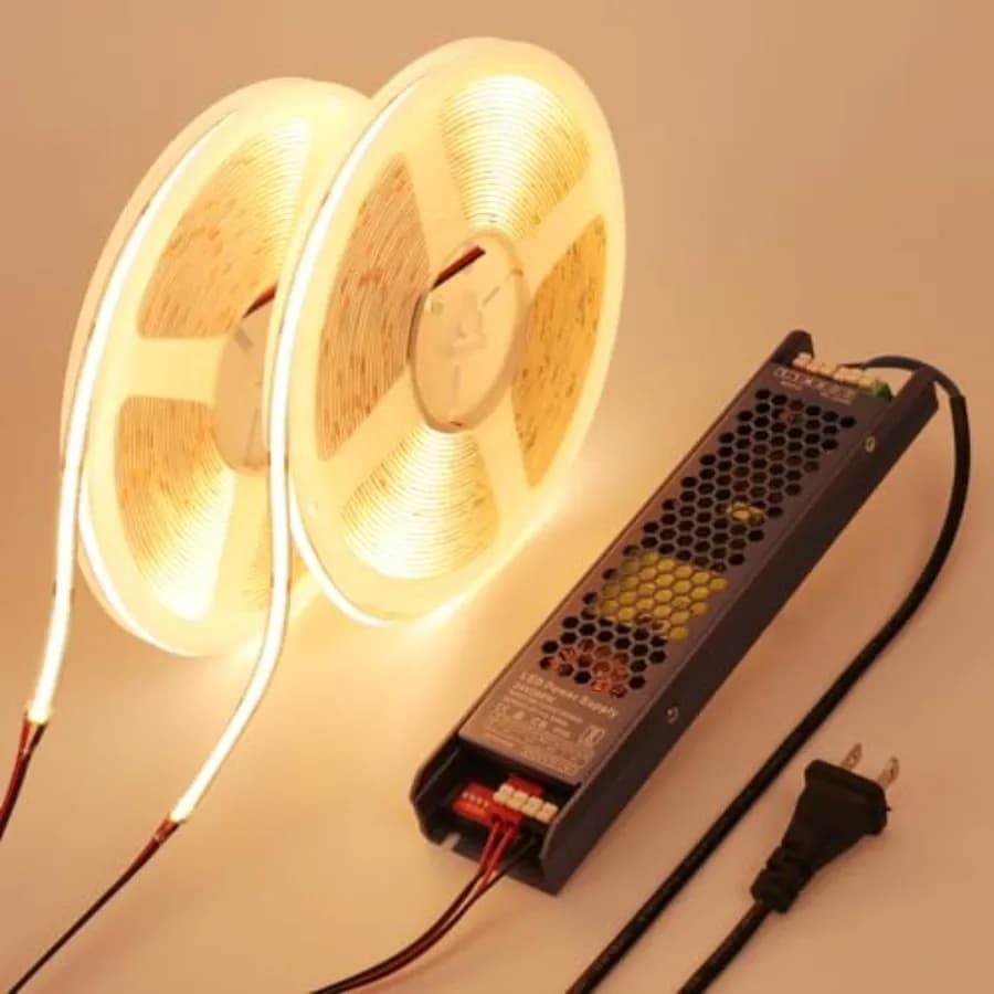 24V COB LED Strip Lights 65.6ft CRI 93 Cuttable with Power Supply 3000K Warm White LED Tape Light Adhesive 160W 312LEDs/m for B