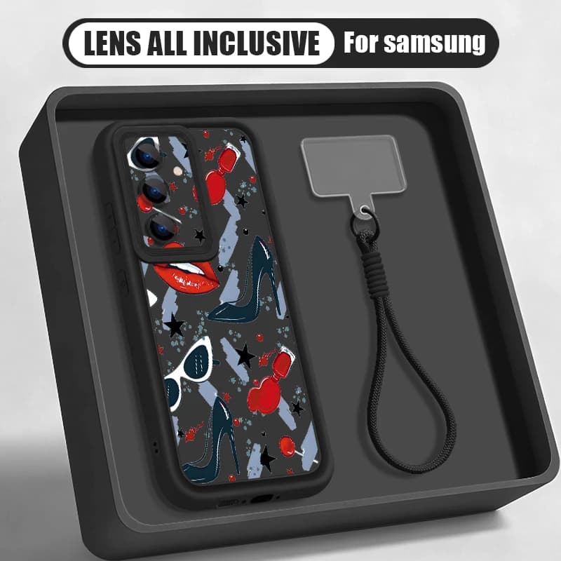 Sunglasses Lip Pattern Lanyard Phone Case For Samsung Galaxy S26 S24 S23 S22 Ultra S25 FE A57 A37 A27 A56 A16 A17 A55 A15 Cover