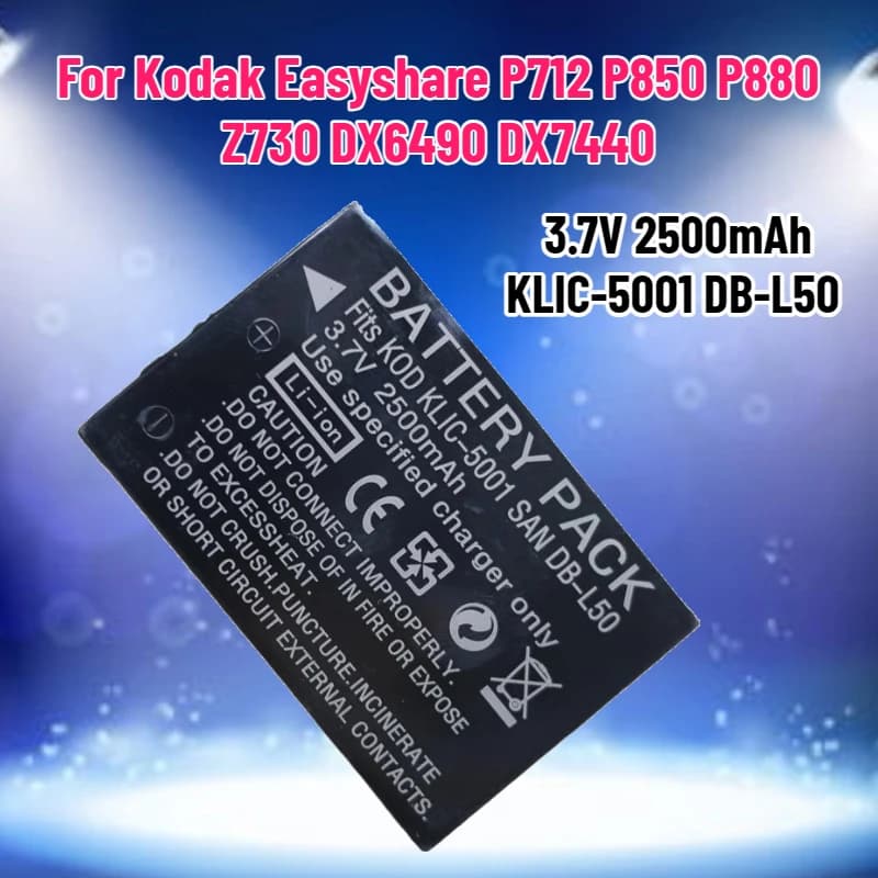 3.7V 2500mAh KLIC-5001 DB-L50 Camera Battery for Kodak Easyshare P712 P850 P880 Z730 Z760 Z7590 DX6490 DX7440 DX7590