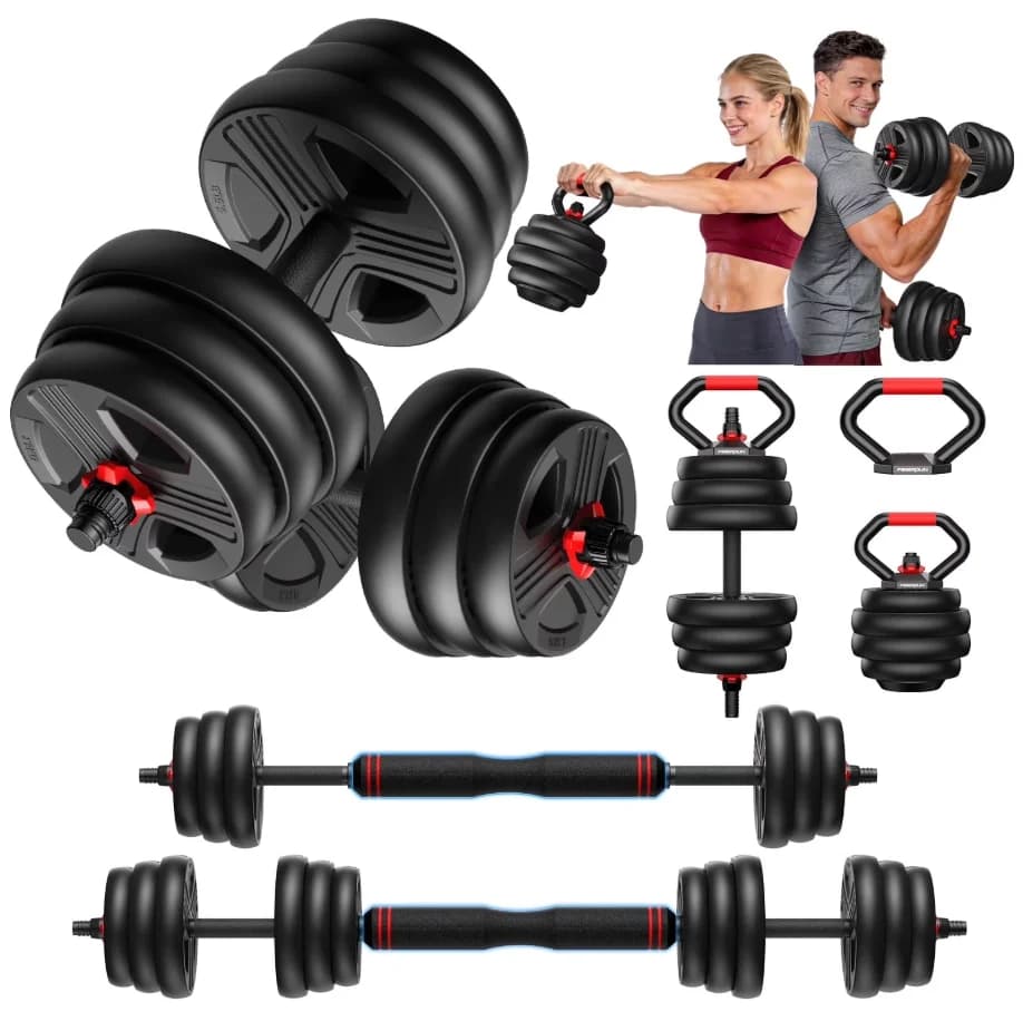 FITPLAM Adjustable 5 in 1 Free Weights Set, 20/35/45/70/90LB Dumbbell Set, Convertible to Barbell Kettlebell Push Up Stand
