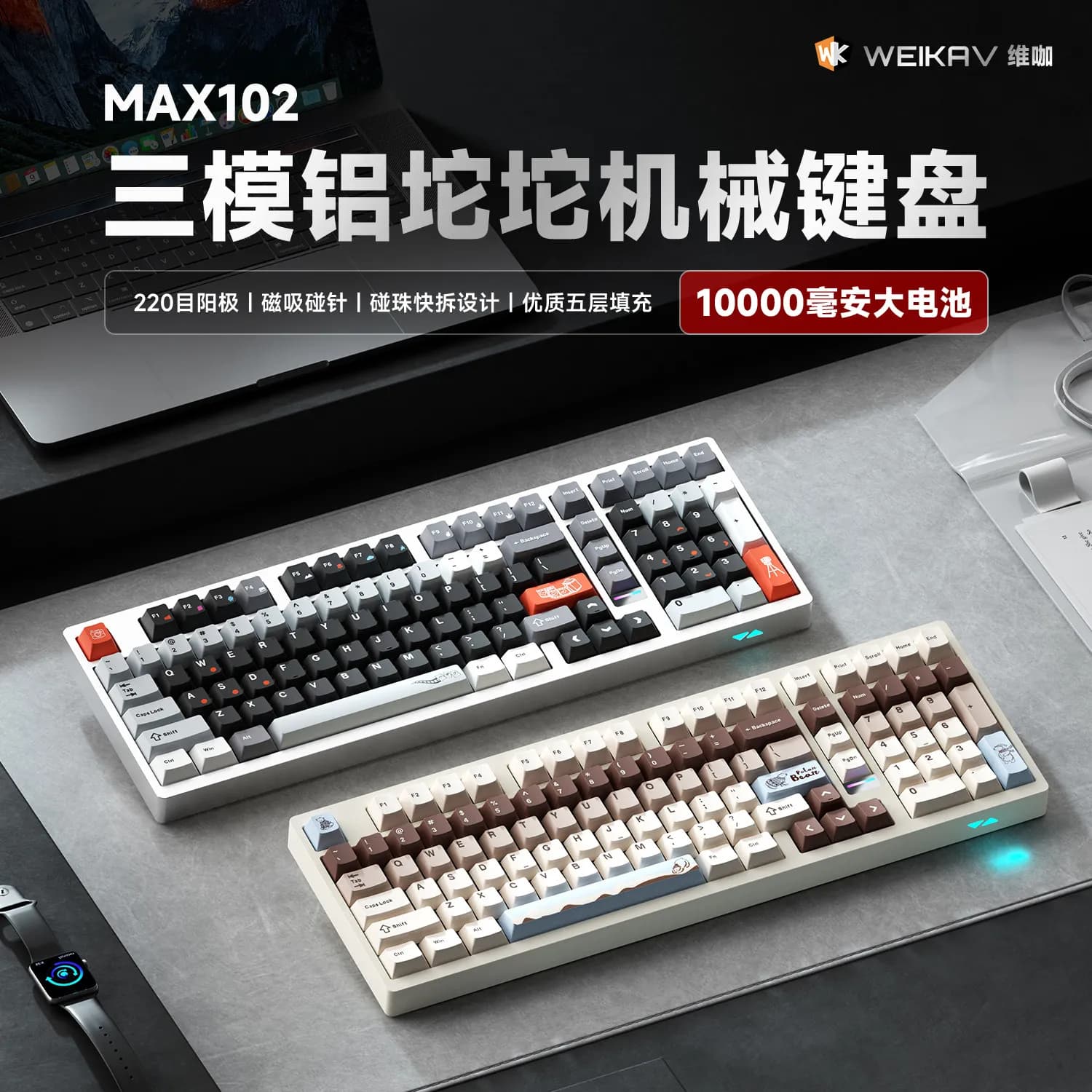 Weika Max102 Aluminum Case Wireless Mechanical Keyboard Tri Mode Bluetooth Connection For Desktop Pc Laptop Gaming Esports