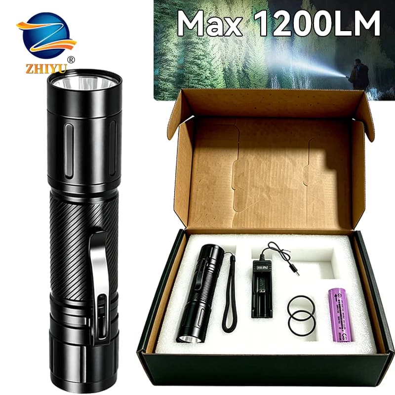 1200LM Fixed Focus LED Flashlight Powerful Spotlight with Pen Clip Headlamp, Outdoor Waterproof Torch Use External 21700 Battery