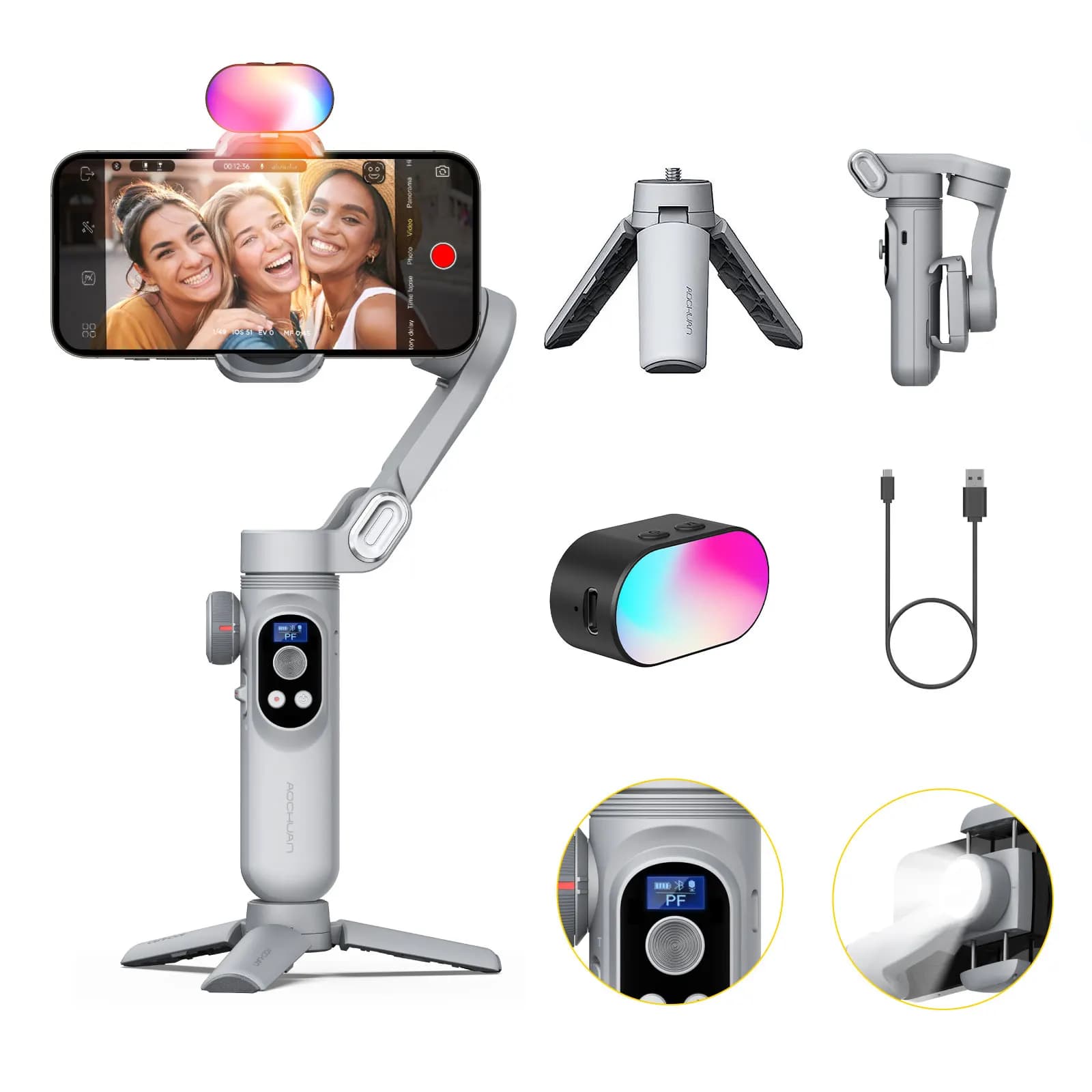 AOCHUAN Smart XPro 3 Axis Smartphone Gimbal Stabilizer For iphone And android Phone Stable shooting with RGB video fill light