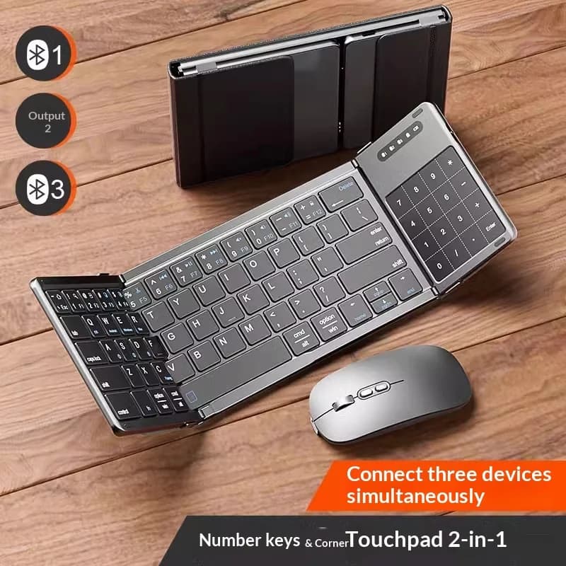 Mengzu Tri Fold Wireless Bluetooth Keyboard With Numeric Touchpad Supports Three Devices And Mouse Combo For Desktop Laptop