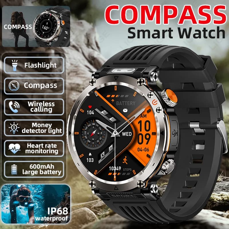 New Military Outdoor Smartwatch Men Heart Rate Monitor Clock LED Flashlight Waterproof Sport Bracelet BT Call AMOLED Smart Watch