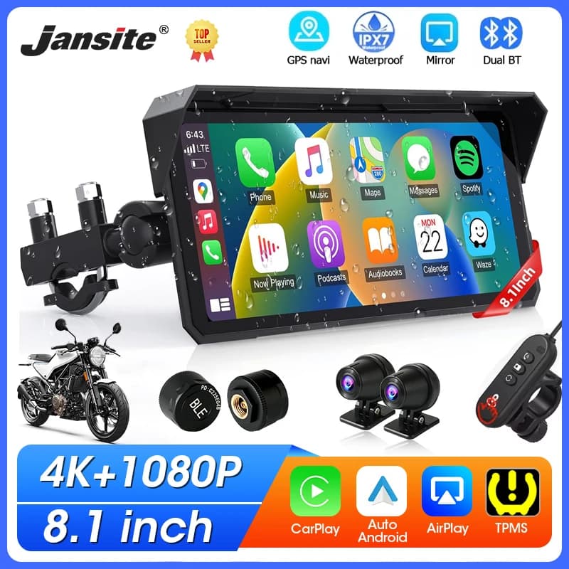 Jansite 8.1 Inch 4K Motorcycle CarPlay Screen 4K Dash Cam Wireless Android Auto Bluetooth GPS Navigation IPX7 Waterproof Display