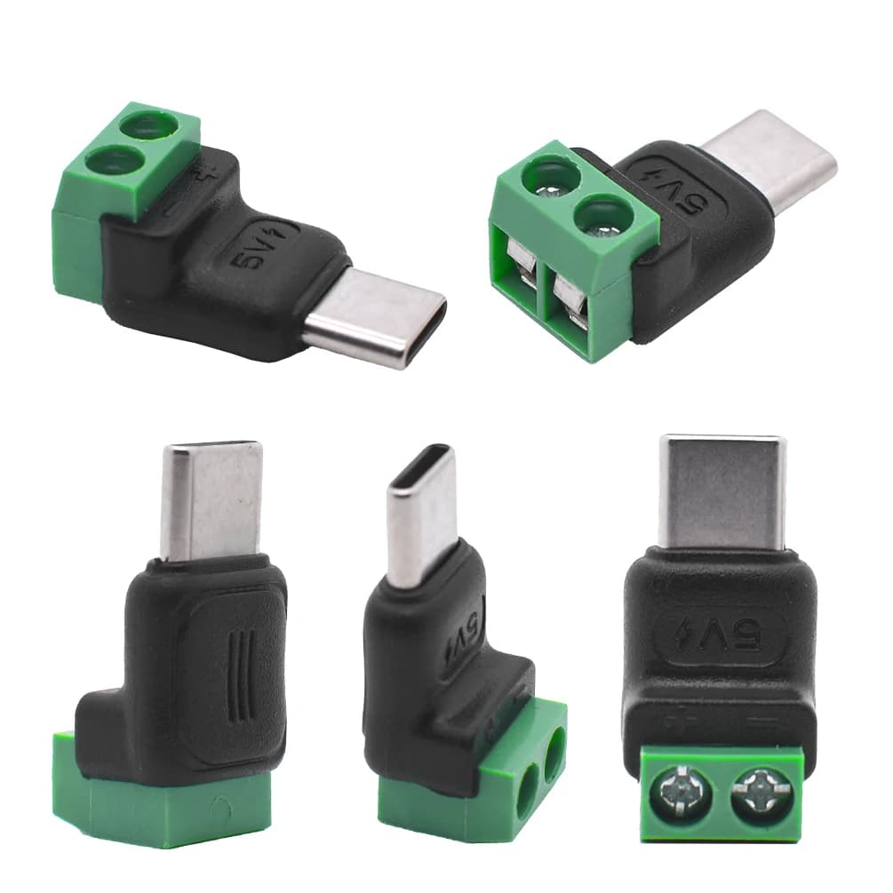 5PCS TypeC to 2 Pin Adapter No Solder Quick Connect Green Terminal for Charging Cable Phone Power Bank DIY Electronics Connector