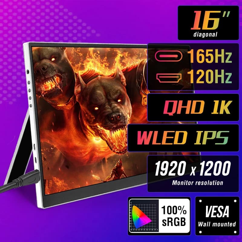 16-Inch Portable Gaming Monitor 165Hz/120Hz 300cd/m Low Blue Light For XBox PS4 / 5 Switch Cell Phone PC Loptop Extension