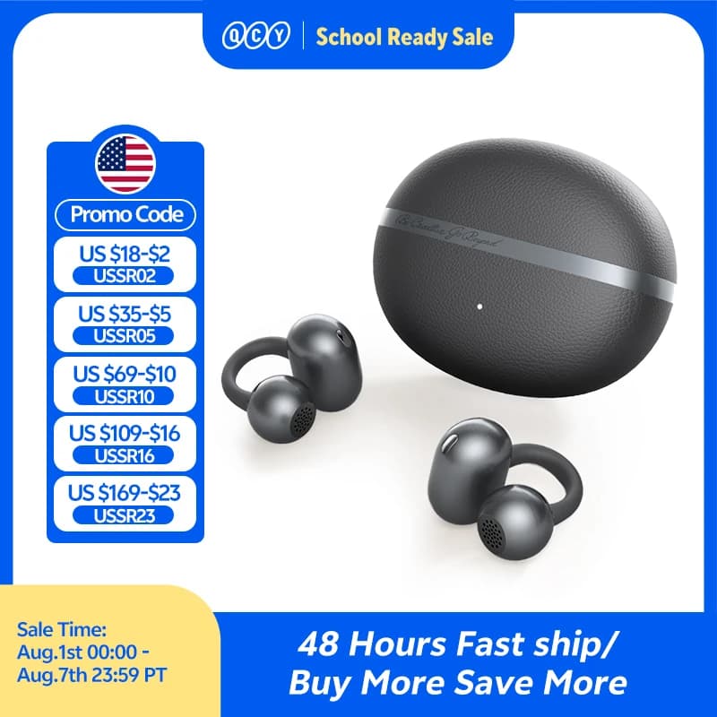 QCY Crossky C50 Open Ear Wireless Earbuds Bluetooth 6.0 Comfort Clip On Sports Earphone 4 Mic AI Clear Call Bass Boost Headphone