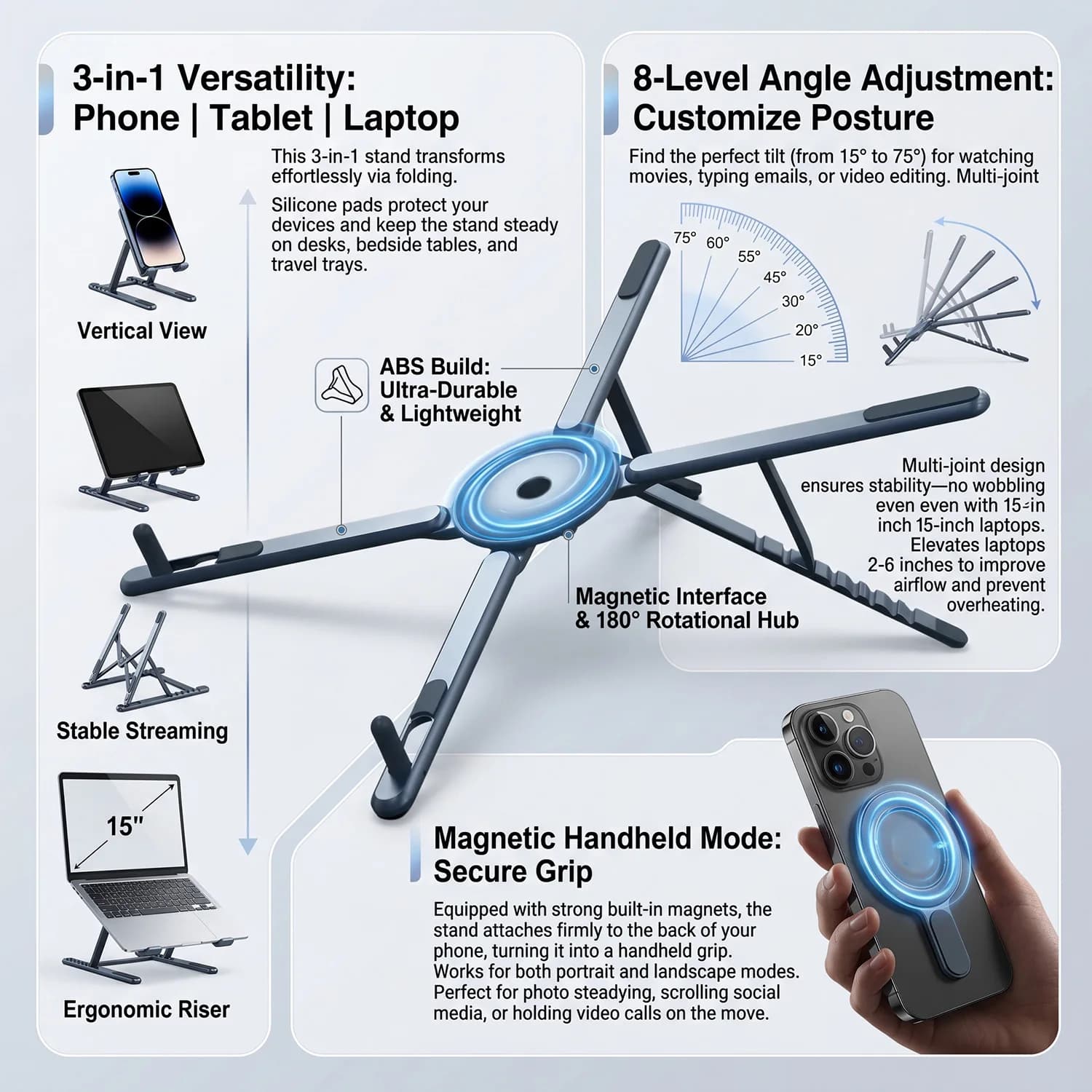 Foldable Magnetic Laptop Stand ABS Plastic Portable Adjustable Stand Heat Dissipation Holder for Smart Phone Tablet Notebook