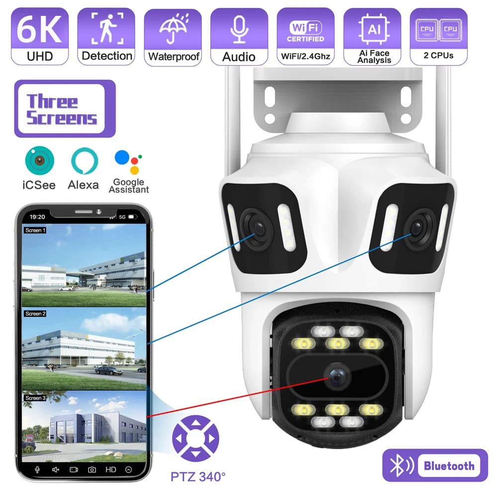 KERUI Icsee Outdoor PTZ 6K WIFI IP Camera Home Security Triple Lens Camera CCTV Video Surveillance With Triple Screens