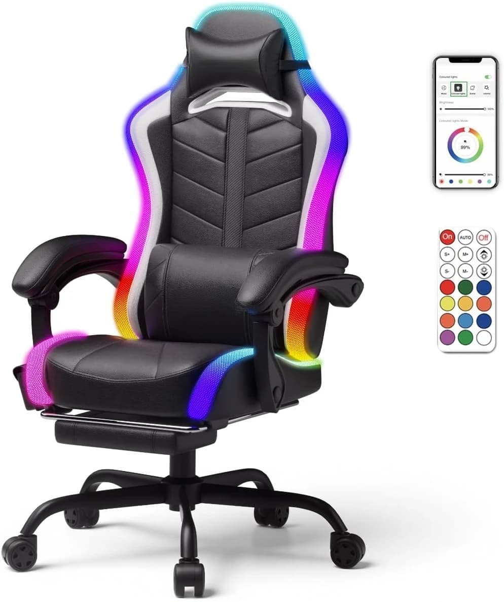 Gaming Chair Premium PU Leather High Back Ergonomic Design with Footrest and Linkage Armrests& Headrest Lumbar Support (Without Bluetooth Speakers)